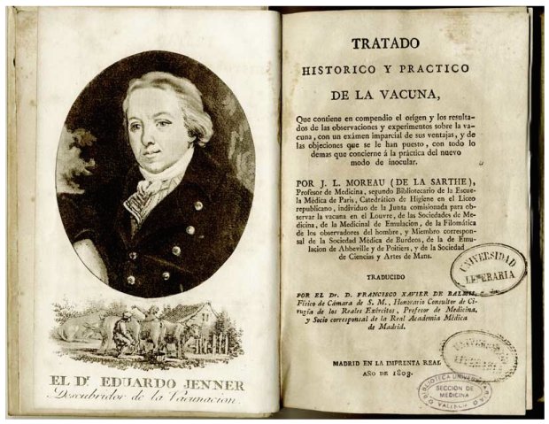 Grabado de Edward Jenner incluido en la traducción por Balmis del tratado de Moreau de la Sarthe. Obtenido de http://hicido.uv.es/Expo_medicina/Ilustracion/vacuna.html
